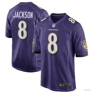เสื้อกีฬาแขนสั้น ลายทีมฟุตบอล Baltimore Ravens NFL No.8 Lamar Jackson HQ7 ทรงหลวม สําหรับผู้ชาย และผู้หญิง QH7