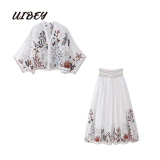 Uibey เสื้อเชิ้ต ปักลาย และกระโปรง เอวสูง ปักลาย 3510