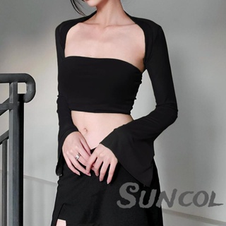 Suncol- เสื้อครอปเปิดไหล่ แขนยาว ผ้ายืด สไตล์สตรีท เหมาะกับฤดูร้อน สําหรับผู้หญิง