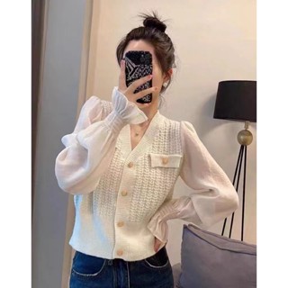 เสื้อแขนยาว คอวี ผ้าถัก แต่งกระดุม ยืดหยุ่น สีทอง สไตล์ฝรั่งเศส ยุโรป แฟชั่นฤดูใบไม้ผลิ สําหรับผู้หญิง