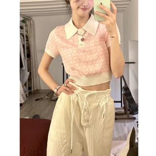 เสื้อยืดครอป แขนสั้น ผ้าถัก พิมพ์ลายหัวใจ แบบบาง สําหรับผู้หญิง ZDXX
