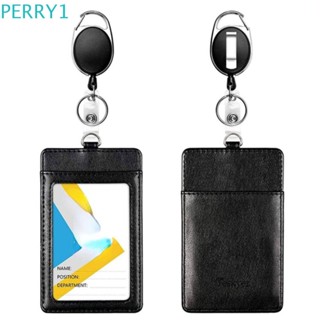 Perry เคสพวงกุญแจหนัง PU ใส่บัตรประจําตัว บัตรรถบัส บัตรผ่าน พับเก็บได้ สีดํา สไตล์ธุรกิจ