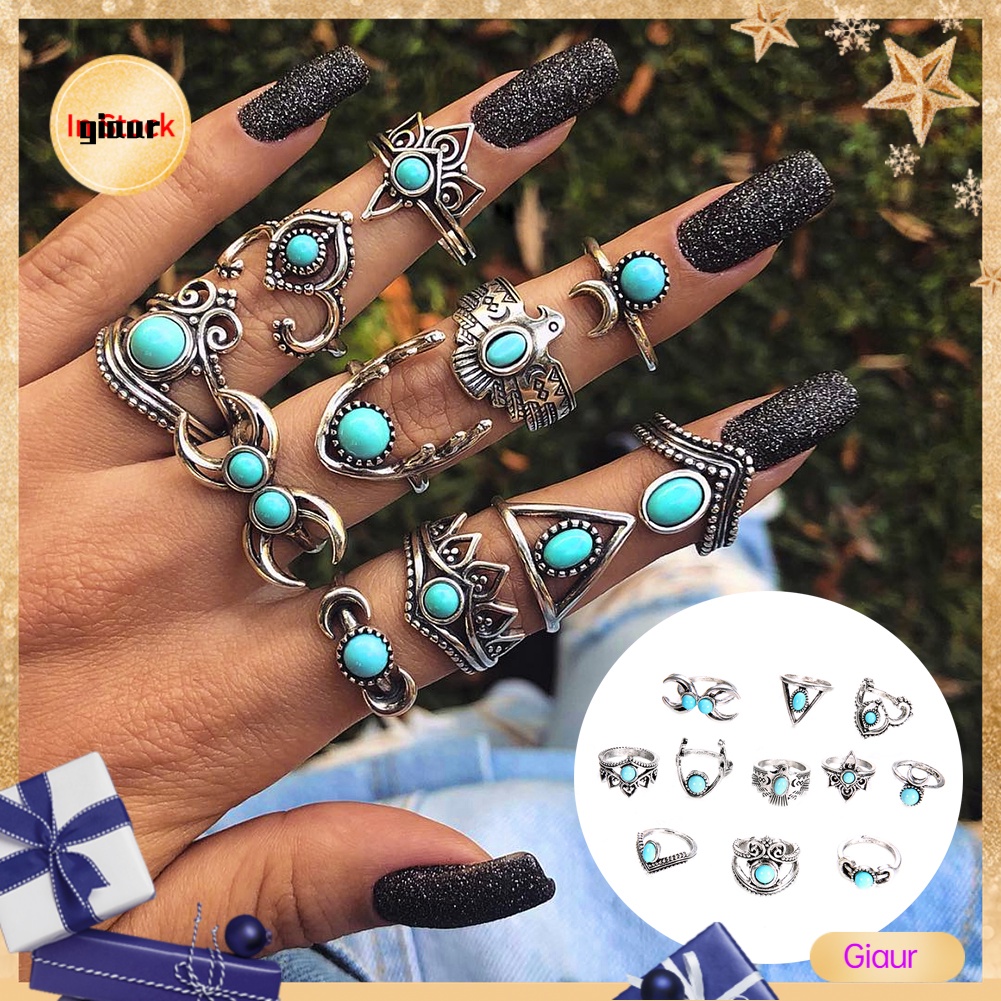 Giaurz 11 ชิ้น / เซต วินเทจ ผู้หญิง เครื่องประดับ ของขวัญ โบฮีเมีย แหวนข้อต่อ เทอร์ควอยซ์ปลอม