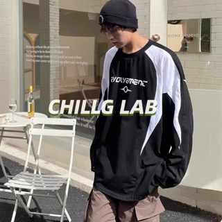 CHILLG LAB เสื้อสเวตเตอร์สวมหัวบล็อกสีผู้ชายปี 2023 ฤดูใบไม้ผลิและฤดูใบไม้ร่วงแบรนด์อินเทรนด์คอกลมสไตล์ขี้เกียจหลวมท็อปส์ซูสำหรับคู่รัก