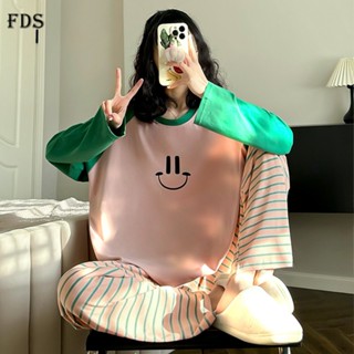 Fds ชุดนอน เสื้อแขนยาว กางเกงขายาว ลายการ์ตูนหน้ายิ้ม สองชิ้น แฟชั่นฤดูใบไม้ร่วง สไตล์เกาหลี สําหรับผู้หญิง