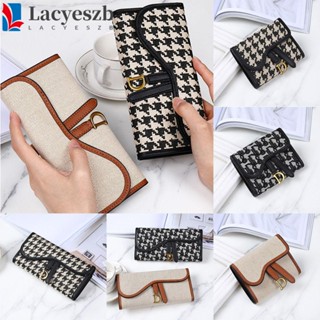 Lacyeszb กระเป๋าสตางค์ ผ้าแคนวาส หนัง PU ใบสั้น พิมพ์ลายตัวอักษร D Houndstooth สไตล์เกาหลี ใส่บัตรได้หลายช่อง ใช้งานกลางแจ้ง