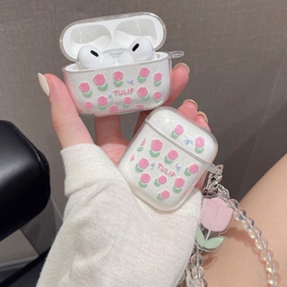 เคสใส แบบนิ่ม ลายดอกไม้ ดอกทิวลิป พร้อมสายคล้อง สําหรับ AirPods Pro 2 3 AirPod 1 2