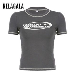 Relagala ใหม่ เสื้อยืดลําลอง แขนสั้น คอกลม พิมพ์ลาย เซ็กซี่ สีพื้น แฟชั่นสําหรับสตรี 2023