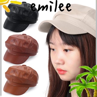 EMILEE Newsboy หมวกเบเร่ต์ลําลอง หนัง PU ทรงแปดเหลี่ยม สีพื้น