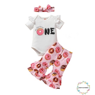 Babyclothes- ชุดรอมเปอร์ แขนสั้น คอกลม พิมพ์ลายตัวอักษร โดนัท และกางเกง ที่คาดผม สําหรับเด็กทารกผู้หญิง 3 ชิ้น