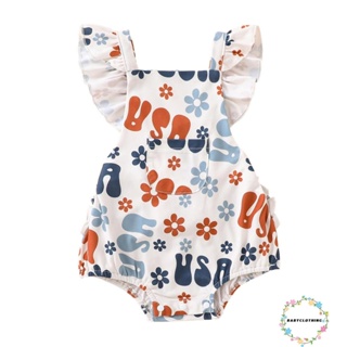 Babyclothes- ชุดรอมเปอร์ลําลอง แขนบิน พิมพ์ลายตัวอักษร ดอกไม้ แฟชั่นฤดูร้อน พร้อมกระเป๋า สําหรับเด็กผู้หญิง