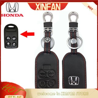 Xinfan เคสกุญแจรีโมทรถยนต์ หนังแท้ กันกระแทก สีดํา ด้ายสีแดง สําหรับ Honda