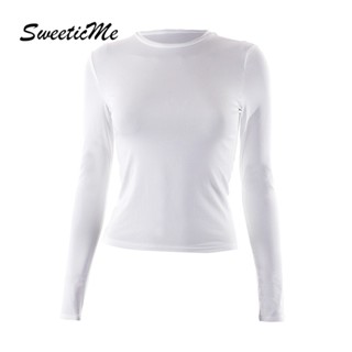 Sweeticme ใหม่ เสื้อยืดลําลอง แขนยาว คอกลม เข้ารูป สีพื้น เข้ากับทุกการแต่งกาย แฟชั่นสําหรับสตรี 2023