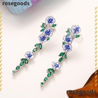 Rosegoods1 ต่างหูกระดุมยาว ลายดอกไม้ สีฟ้า สไตล์โรแมนติก สําหรับผู้หญิง