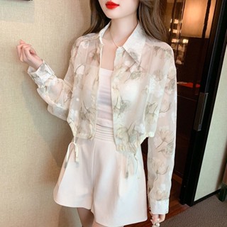 Spot second hair# Small fresh sweet floral chiffon shirt sunscreen clothing womens summer long sleeve thin cardigan shirt short coat 8.cc