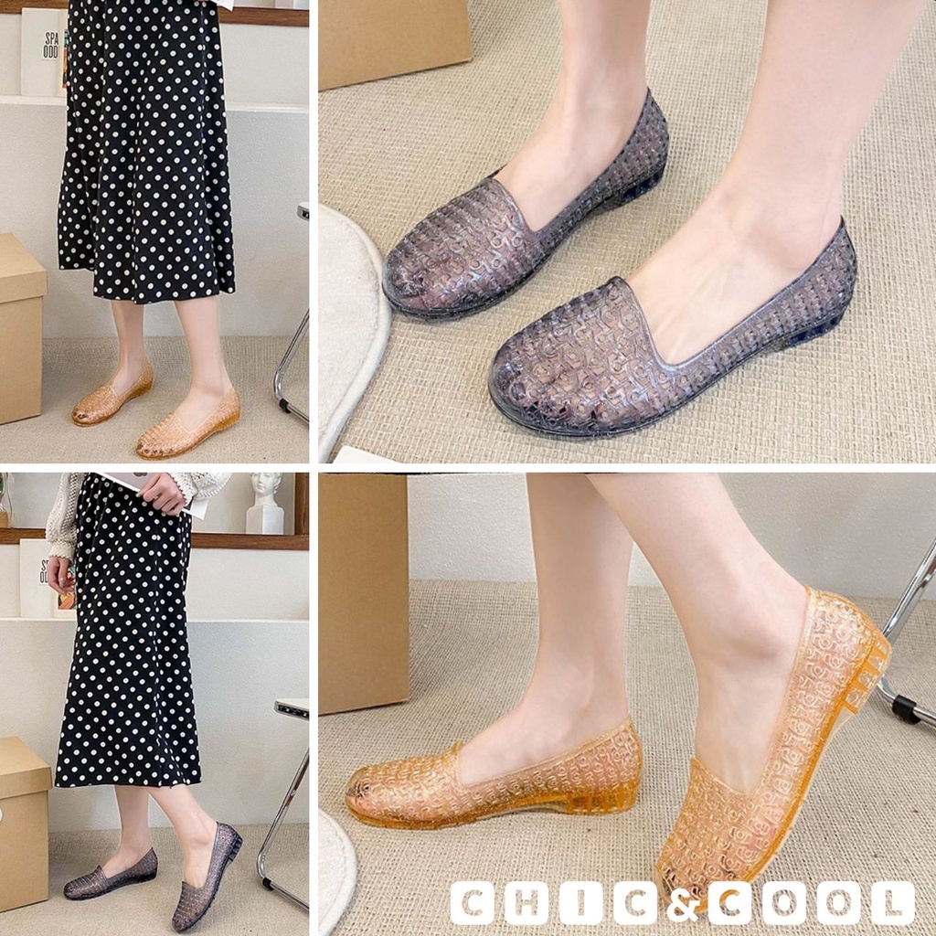 & รองเท้าคัชชูยางเจลลี่กลิตเตอร์ 3 สี แต่งฉลุ ไซส์ 36-40
