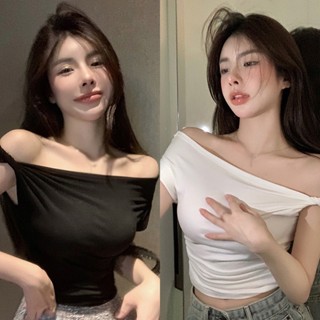 เสื้อท็อปส์ ตัวสั้น สีพื้น ทรงไม่สมมาตร สําหรับผู้หญิง