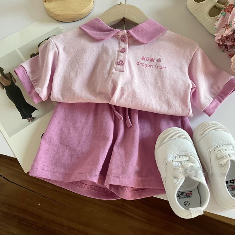 [Childhood] เสื้อโปโลแขนสั้น ผ้าฝ้าย 100% และกางเกงขาสั้น สีม่วง สไตล์เกาหลี แฟชั่นฤดูร้อน สําหรับเด็กผู้หญิง