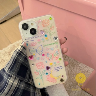 For เคสไอโฟน 14 Pro Max [Diamond Butterfly Flower] เคส Phone Case For iPhone 14 Pro Max Plus 13 12 Mini 11 For เคสไอโฟน11 Ins Korean Style Retro Classic Couple Shockproof Protective TPU Cover Shell