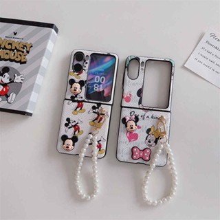 Oppo Find N2 Flip เคสโทรศัพท์หนัง ฝาพับ ลายการ์ตูนหนูน่ารัก ประดับโบว์ สีชมพู หรูหรา พร้อมสร้อยข้อมือมุก แฟชั่นสําหรับผู้หญิง