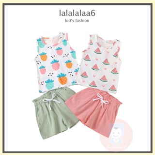 Laa6- เสื้อยืดแขนกุด พิมพ์ลายการ์ตูนผลไม้ และกางเกงขาสั้น แบบยืดหยุ่น แฟชั่นฤดูร้อน สําหรับเด็กผู้หญิง