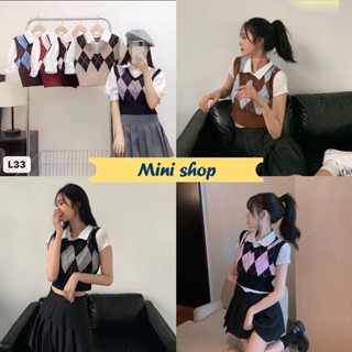 Mini shop🌸พร้อมส่ง🌸 (L33) เสื้อเชิ้ตไหมพรมแขนสั้น 2ชิ้นติดกันน่ารักสไตล์เกาหลีมาก  -C