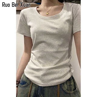 RUO BEI XUAN เสื้อยืดสตรี 2023 ฤดูร้อนใหม่สไตล์เกาหลีสีทึบเรียบง่ายทุกแมตช์คอยูแขนสั้นด้านบน