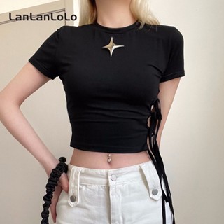 Lanlanlolo เสื้อยืดลําลอง คอกลม แขนสั้น สีพื้น แฟชั่นสําหรับสตรี 2023