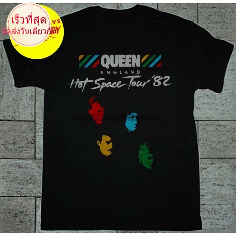 TOP QNWew23e23 เสื้อยืด ผ้าฝ้าย พิมพ์ลาย Queen Hot Space England Tour Concert สีดํา B35SDF65W37092 1