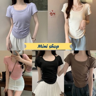 Mini shop🌸พร้อมส่ง🌸 (61609) เสื้อไหมพรม แขนสั้นคอกลม สีเรียบๆมีสายผูกคล้องคอ  -C -N