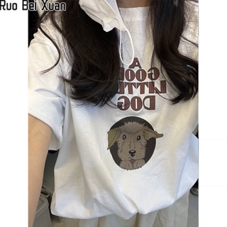 RUO BEI XUAN เสื้อยืดสตรีแขนสั้นผ้าฝ้ายแขนสั้นพิมพ์ลาย Lazy T-Shirt