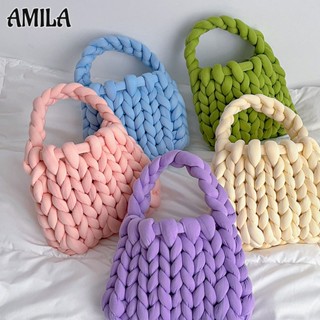 AMILA ขนสัตว์ Diy ฉบับภาษาเกาหลีถักด้วยมือของกระเป๋าทอกระเป๋าหิ้วที่ถือด้วยมือ