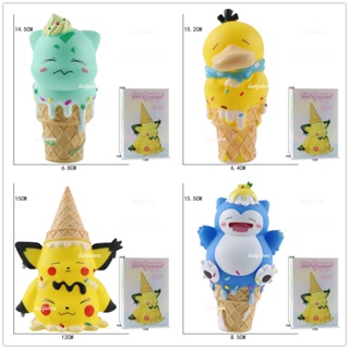 โมเดลฟิกเกอร์ Pvc รูปการ์ตูนอนิเมะ Pokemon Pikachu Psyduck Snorlax Bulbasaur ไอศกรีมน่ารัก ของเล่นสะสม สําหรับเด็ก