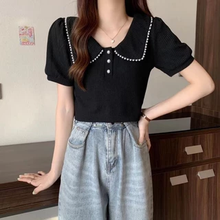 🌸Breeze🌸ขนาดพลัส เล็บลูกปัดแขนสั้น เสื้อยืด ออกแบบสำหรับน้องสาวอ้วน สไตล์ฝรั่งเศส🌸(จัดส่ง 24 ชั่วโมง)🌸