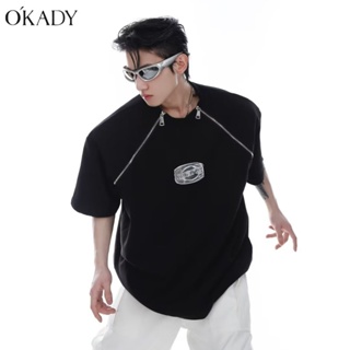 OKADY ผู้ชายซิปคู่ออกแบบความรู้สึกช่องแขนสั้นเสื้อยืดอเมริกันขนาดใหญ่แบรนด์น้ำถนนสูงครึ่งแขน