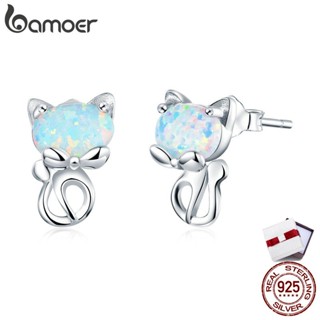 BAMOER ต่างหูสตั๊ดคิตตี้น่ารักด้วยเครื่องประดับโอปอลบลูหญิงแท้เงินแท้ 925
