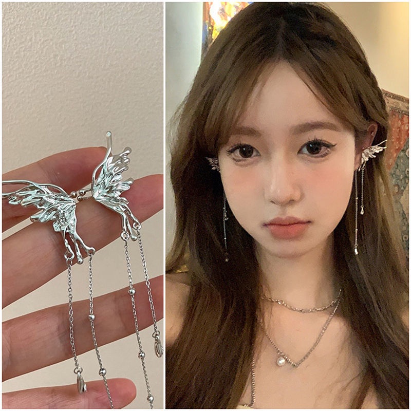 เครื่องประดับ ต่างหู แบบคลิปหนีบ จี้รูปผีเสื้อ ประดับพู่ สําหรับผู้หญิง