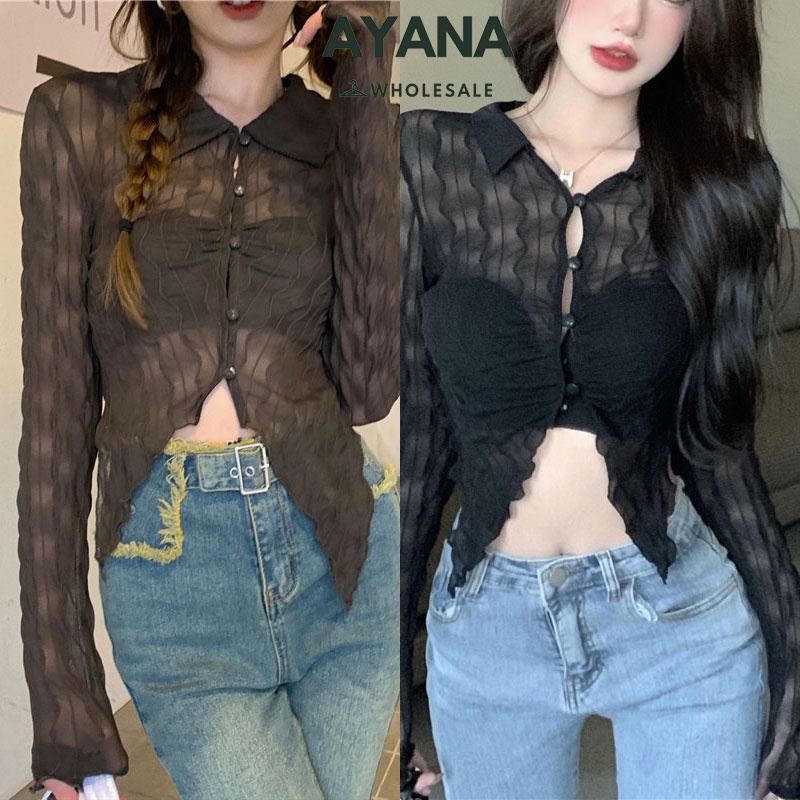 พร้อมส่ง CropTop ครอปเอวลอยเเขนยาว เสื้อครอปซีทรูบางๆ