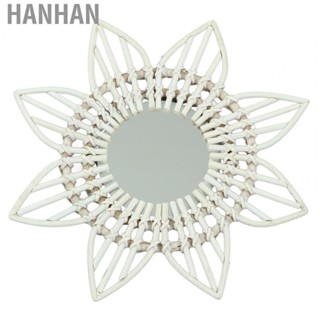 Hanhan Rattan Wall Mirror  High Polished Glass White Rust Prevention Flower Shape Trendy Vintage Rattan Mirror Perfect Size  for Bathroom