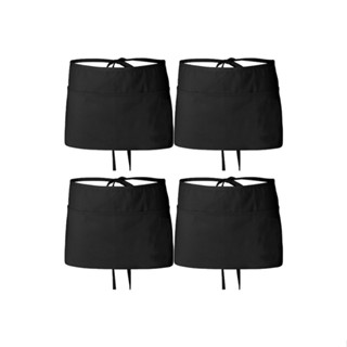 4pcs Professional Lightweight Comfortable Cafe Kitchen Restaurant Half 3 Pockets Waiter Waitress Black Short Waist Apron