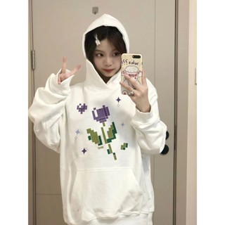 เสื้อกันหนาวแขนยาว มีฮู้ด ผ้ากํามะหยี่ แบบหนา ทรงหลวม พิมพ์ลายดอกทิวลิป สไตล์มินิมอล สีขาว เรียบง่าย สําหรับผู้ชาย และผู้หญิง ไซซ์ 3XL