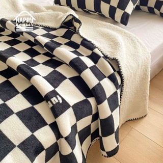 Happy HOMLIV ผ้าห่ม ผ้าฟลีซ ลายตารางหมากรุก แฟชั่นเรียบง่าย …