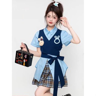 Korean Style Lace-up Blue Shirt Womens 2023 New Summer Academic Design Sense Two-piece Student Top