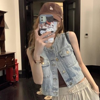 Vintage short denim vest vest jacket womens summer 2023 new style loose sleeveless jacket tide