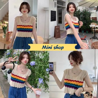 Mini shop🌸พร้อมส่ง🌸 (C632) เสื้อกล้ามถักไหมพรม คอเหลี่ยม ดีเทลลายทางสีรุ้ง ผ้านิ่มๆ  -C