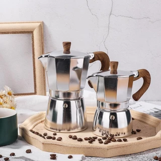 Moka Pot กาต้มกาแฟสดพกพา รุ่นหนา หม้อต้มกาแฟ ทรงแปดเหลี่ยม หูจับลายไม้ มีหลายสี