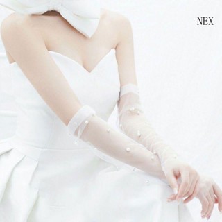 Nex ถุงมือตาข่ายยาว ประดับลูกปัดไข่มุก สําหรับเจ้าสาว งานแต่งงาน