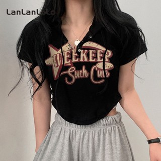 Lanlanlolo เสื้อยืด คอวี แขนสั้น พิมพ์ลายตัวอักษร ทรงไม่สมมาตร สําหรับผู้หญิง 2023