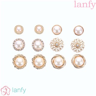 LANFY ชุดต่างหู ทรงกลม ประดับมุกเทียม ลายดอกไม้ สีทอง สไตล์วินเทจ เรโทร หรูหรา