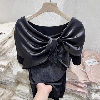 2023 Summer New Arrival Bow Stitching Glitter Short-Sleeved T-Shirt Female Elegant Socialite Chic Design Sense Top Trendy